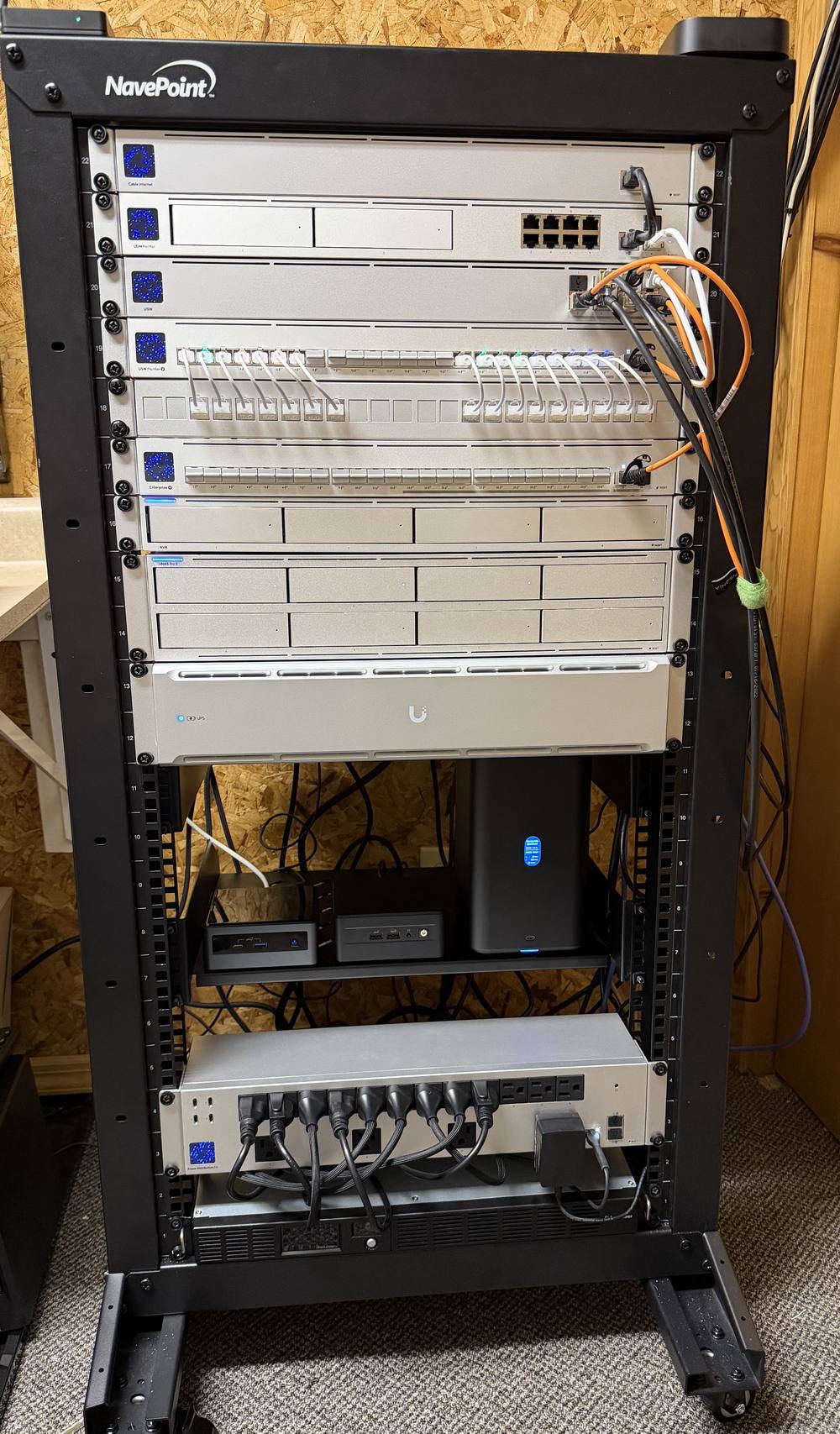 Rack-mounted Ubiquiti home network installation with structured cabling and UPS backup